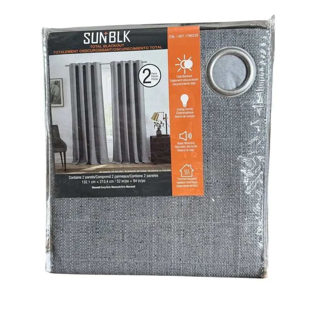 Sun+BLK Buckingham Blackout Curtains 52x84 Gray 2 Panels NEW Factory Sealed
